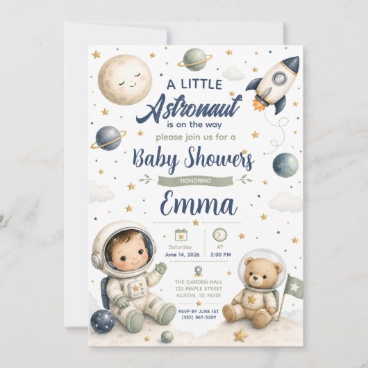 Faire-part de naissance bébé astronaute à l'aquare (Devant)