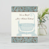 Faire-part de naissance bébé - Bleu Brown Damask B (Debout devant)