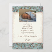 Faire-part de naissance bébé - Bleu Brown Damask B (Dos)