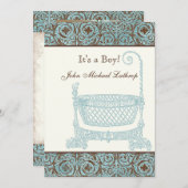 Faire-part de naissance bébé - Bleu Brown Damask B (Devant / Derrière)