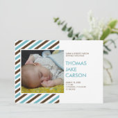 Faire-part de naissance bébé bleu brun rayé modern (Debout devant)
