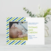 Faire-part de naissance bébé bleu vert rayé modern (Debout devant)