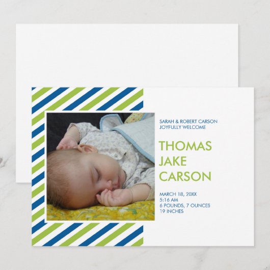 Faire-part de naissance bébé bleu vert rayé modern (Devant / Derrière)