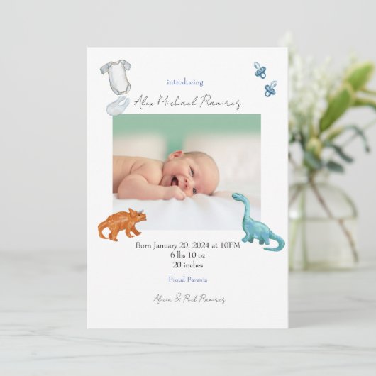 Faire-part de naissance bébé Dino (Debout devant)