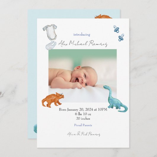 Faire-part de naissance bébé Dino (Devant / Derrière)