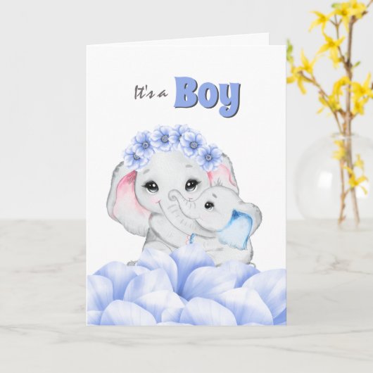 Faire-part de naissance bébé éléphant bleu (Fleur jaune)