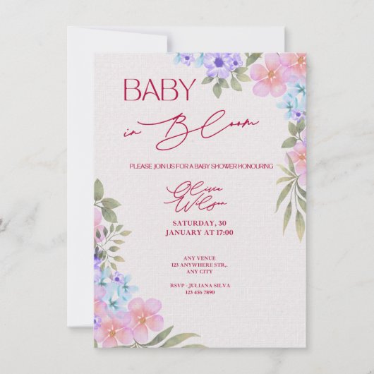 Faire-Part de Naissance Bébé en Fleur Aquarelle (Devant)