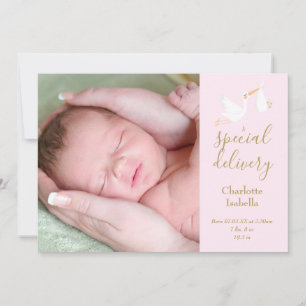 Faire-part de naissance Bébé Fille Cigogne Rose Ph