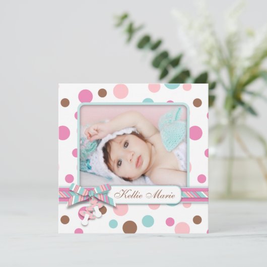 Faire-part de naissance Bébé fille pois (Debout devant)