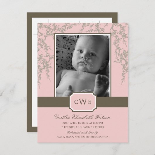 Faire-part de naissance Bébé Fleurs Adorables (Ros (Devant / Derrière)