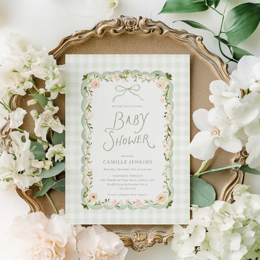 Faire-part de naissance bébé floral Gingham vert