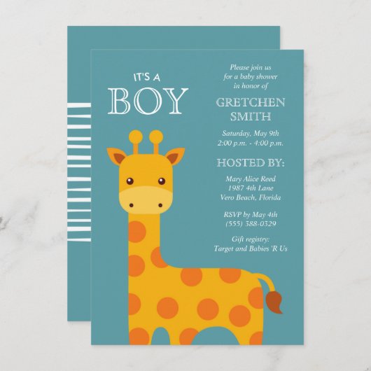 Faire-Part de Naissance Bébé Garçon Douce Girafe (Devant / Derrière)