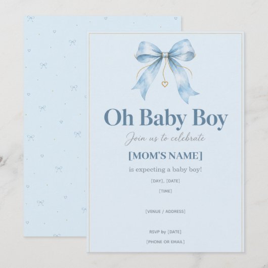 Faire-part de naissance bébé garçon Dusty Blue Bow (Devant / Derrière)