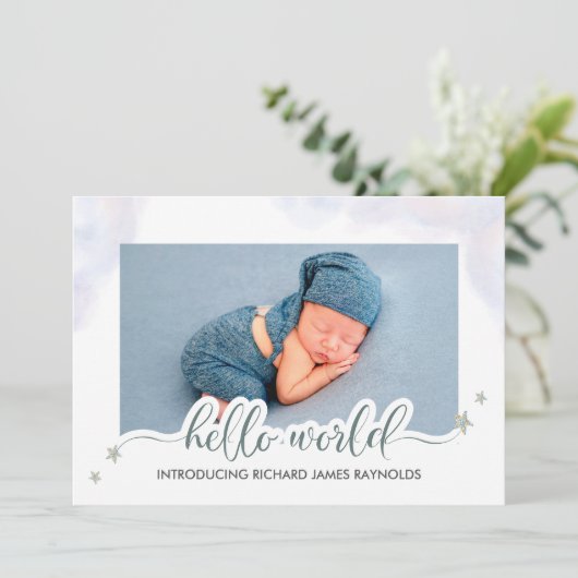 Faire-part de naissance bébé Hello World moderne (Debout devant)