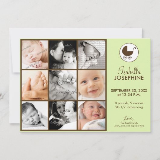 Faire-part de naissance bébé lime en collage photo (Devant)