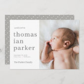 Faire-part de naissance bébé moderne simple gris n (Devant / Derrière)