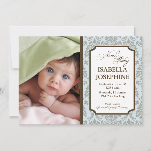 Faire-part de naissance bébé motif baroque (bleu) (Devant)