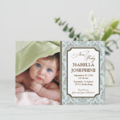 Faire-part de naissance bébé motif baroque (bleu) (Debout devant)