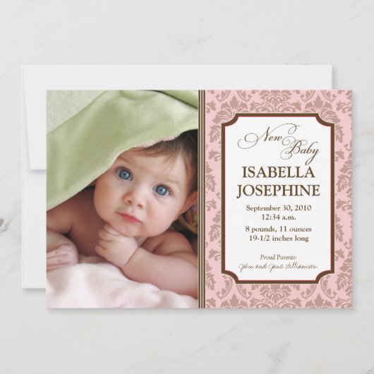 Faire-part de naissance bébé Motif baroque (rose) (Devant)