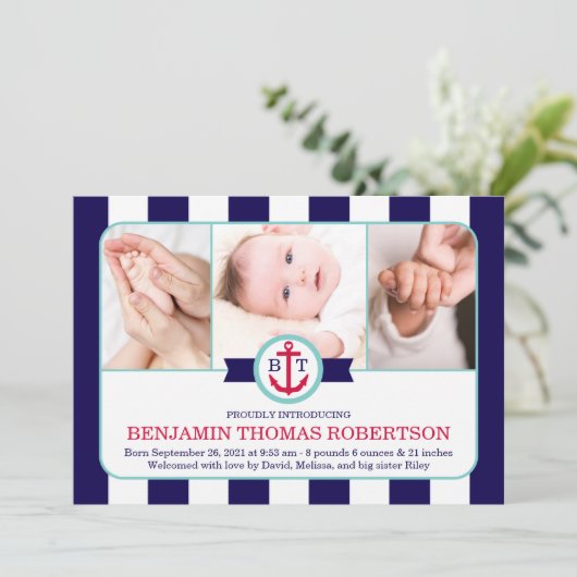 Faire-part de naissance bébé nautique (Debout devant)