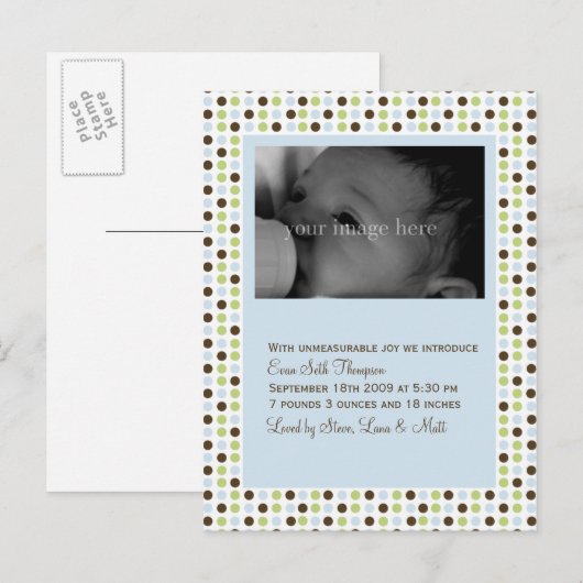Faire-part de naissance Bébé pois bleus (Devant / Derrière)