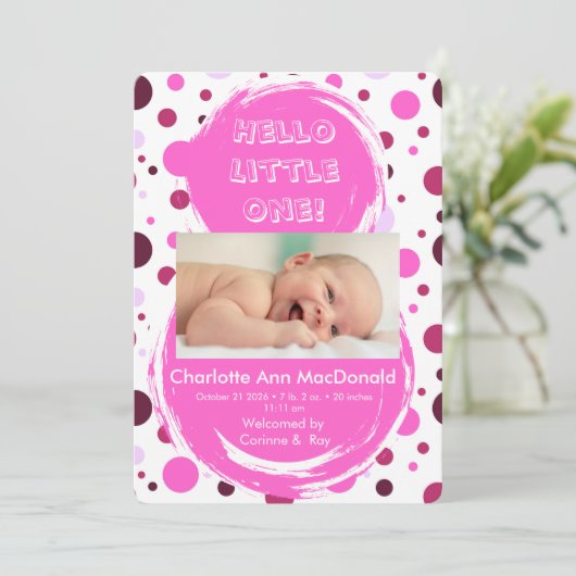 Faire-part de naissance Bébé pois rose (Debout devant)