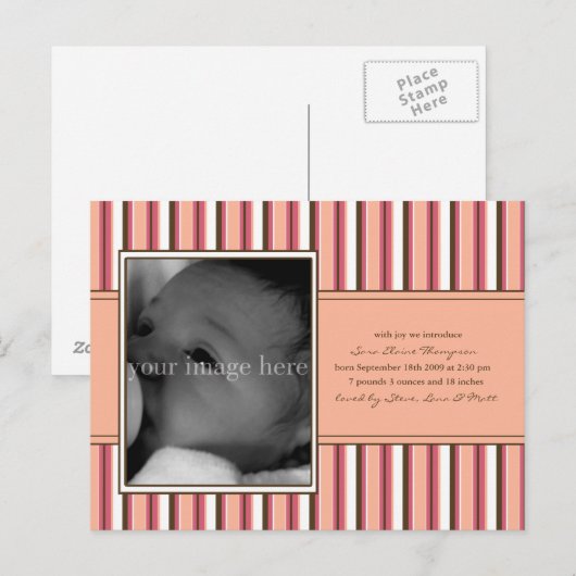 Faire-part de naissance bébé rayé rose (Devant / Derrière)