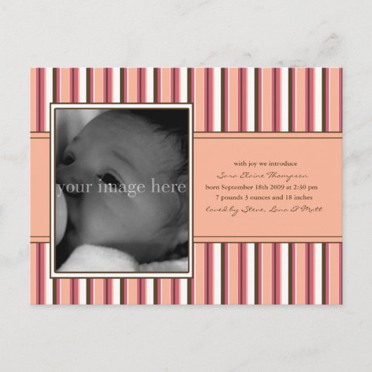 Faire-part de naissance bébé rayé rose (Devant)