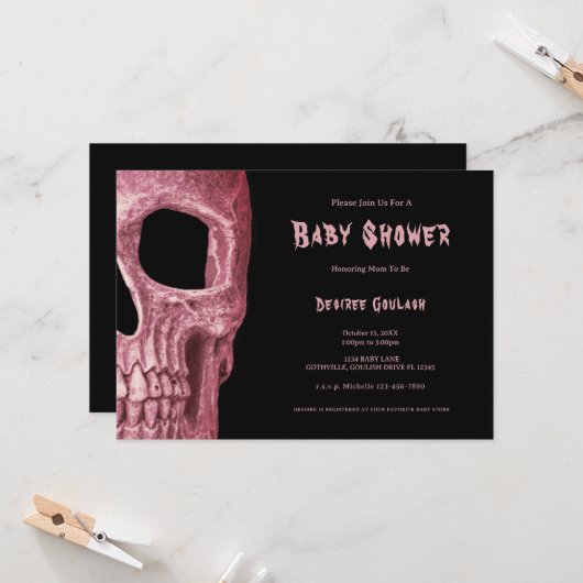 Faire-part de naissance bébé rose poussiéreux goth (Devant/Arrière en situation)