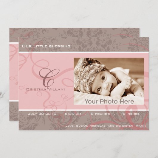 Faire-part de naissance bébé rose ruban (Devant / Derrière)