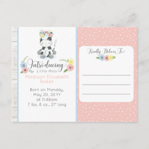 Faire-part de naissance bébé vache rustique floral