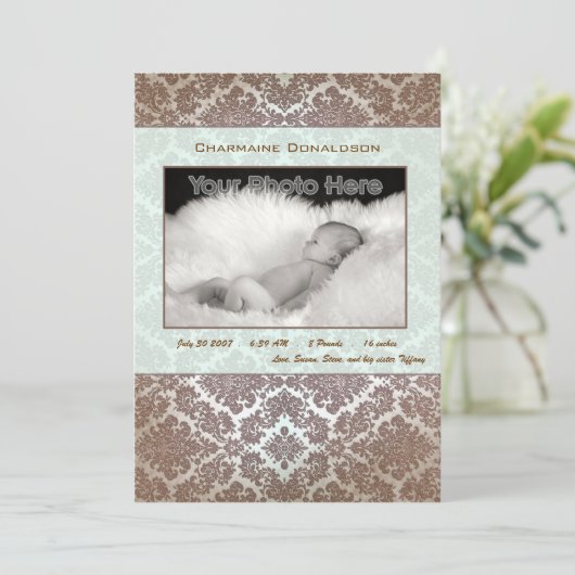 Faire-part de naissance bébé vert classique (Debout devant)