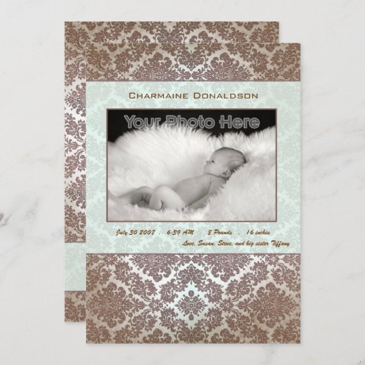 Faire-part de naissance bébé vert classique (Devant / Derrière)