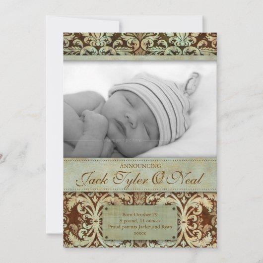Faire-part de naissance bébé Vintage Brown vert (Devant)