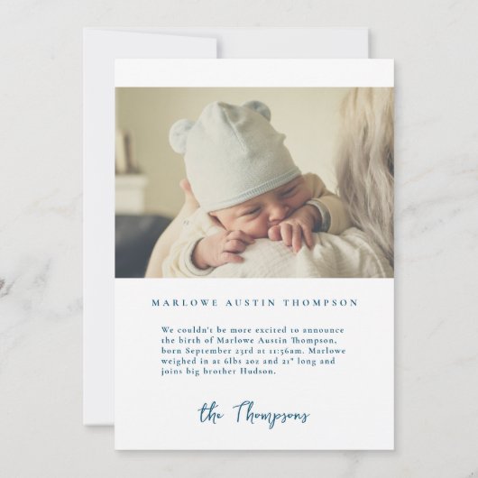 Faire-part de naissance bleu à main classique (Dos)