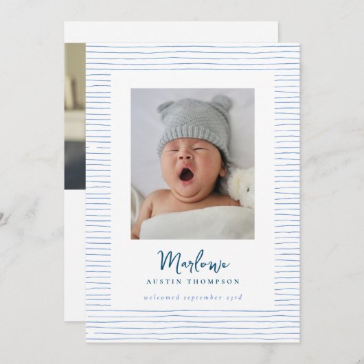 Faire-part de naissance bleu à main classique (Devant / Derrière)