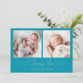 Faire-part de naissance bleu aqua Merci Script (Debout devant)