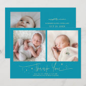 Faire-part de naissance bleu aqua Merci Script (Devant / Derrière)