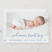 Faire-part de naissance bleu avec écriture à la ma (Devant)