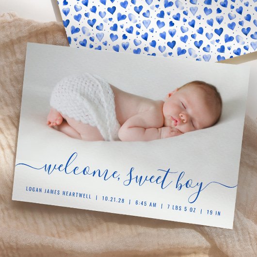 Faire-part de naissance bleu avec écriture à la ma