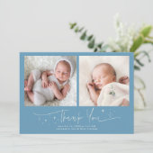 Faire-part de naissance bleu denim Merci Script (Debout devant)