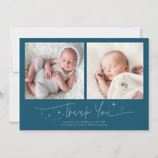 Faire-part de naissance bleu sarcelle Merci Script (Devant)
