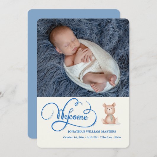 Faire-part de naissance Blue Welcome Calligraphy (Devant / Derrière)