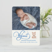 Faire-part de naissance Blue Welcome Calligraphy (Debout devant)
