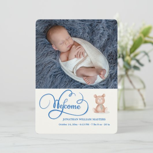 Faire-part de naissance Blue Welcome Calligraphy (Debout devant)