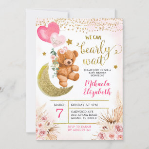 Faire-Part de Naissance Bohème Fleur Rose Ourson à