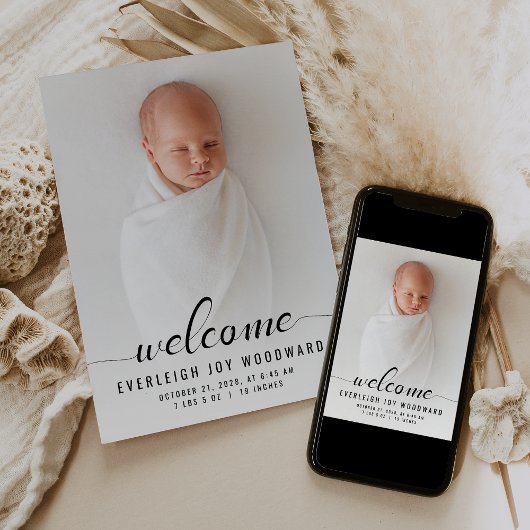Faire-part de naissance calligraphié noir et blanc