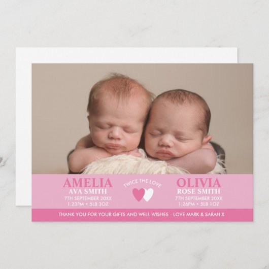 Faire-part de naissance/carte de remerciements jum (Devant / Derrière)