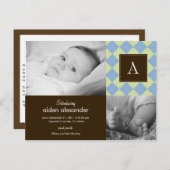 Faire-part de naissance chic Argyle pour bébé garç (Devant / Derrière)