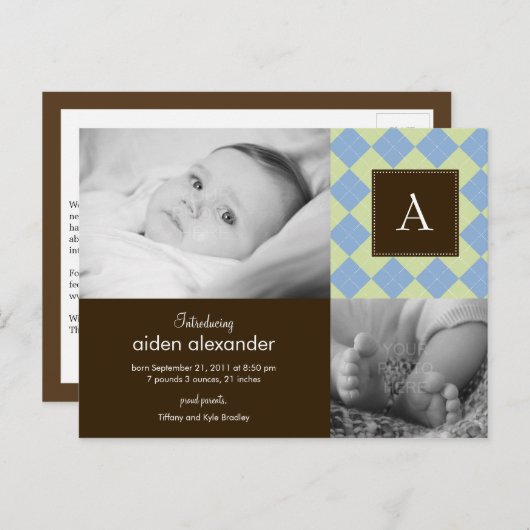 Faire-part de naissance chic Argyle pour bébé garç (Devant / Derrière)